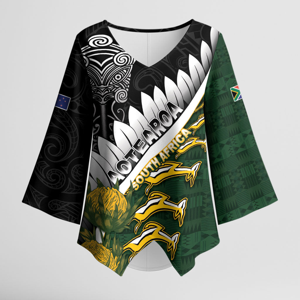 Custom Rugby New Zealand And South Africa Kimono Sleeve Blouse Silver Fern With Springboks