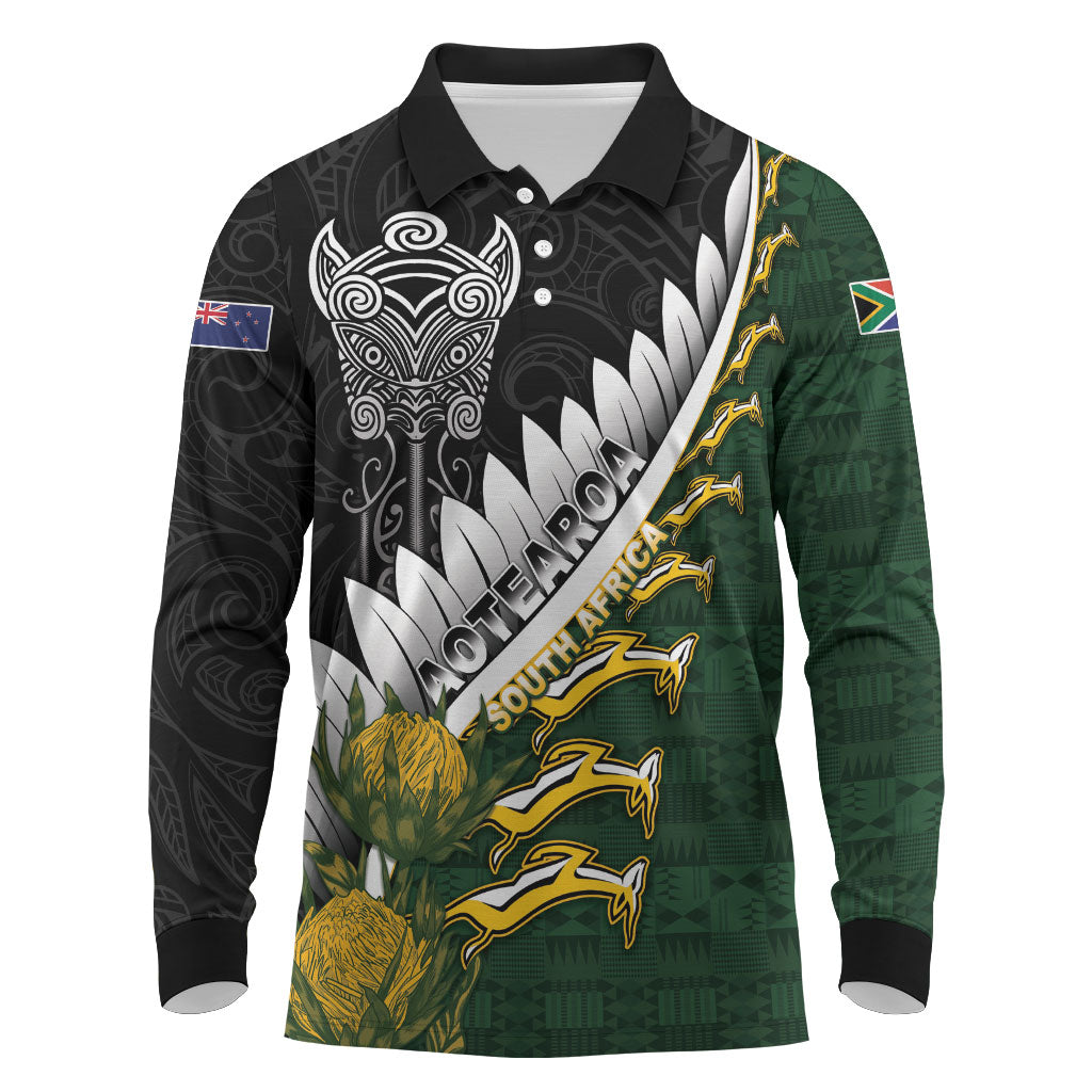 Custom Rugby New Zealand And South Africa Long Sleeve Polo Shirt Silver Fern With Springboks LT05 Black - Polynesian Pride