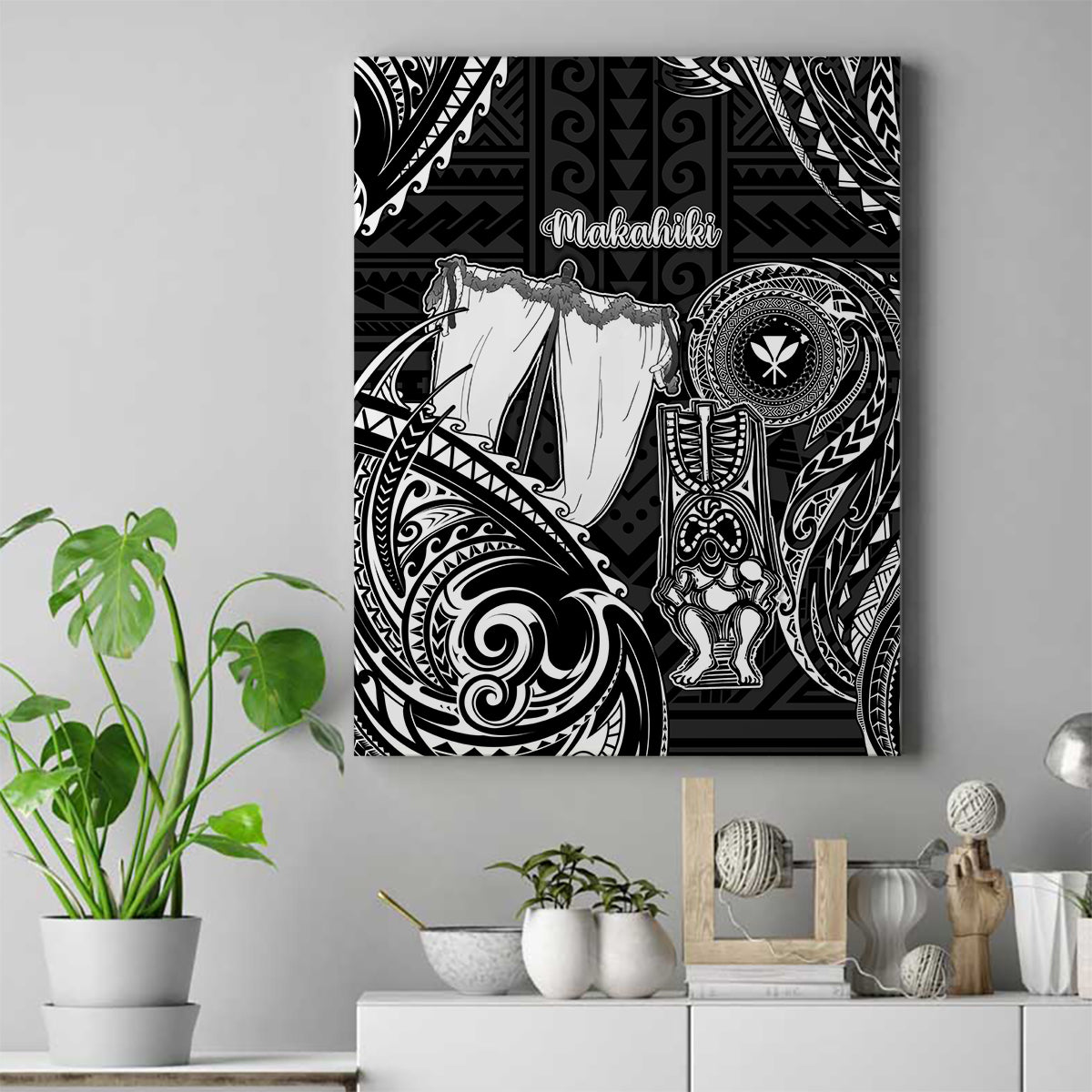 Hawaii Makahiki Season Canvas Wall Art Akua Loa Polynesian Pattern LT05 Black - Polynesian Pride