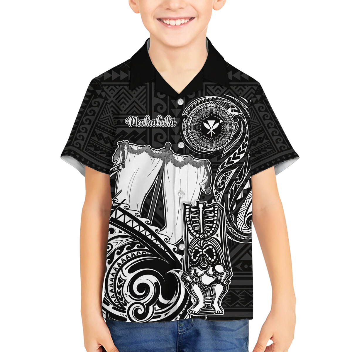Personalized Hawaii Makahiki Season Kid Hawaiian Shirt Akua Loa Polynesian Pattern LT05 Kid Black - Polynesian Pride