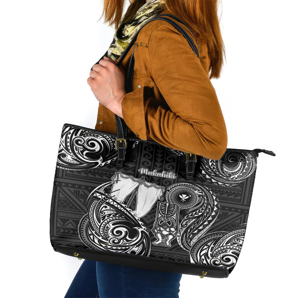 Hawaii Makahiki Season Leather Tote Bag Akua Loa Polynesian Pattern LT05 Black - Polynesian Pride