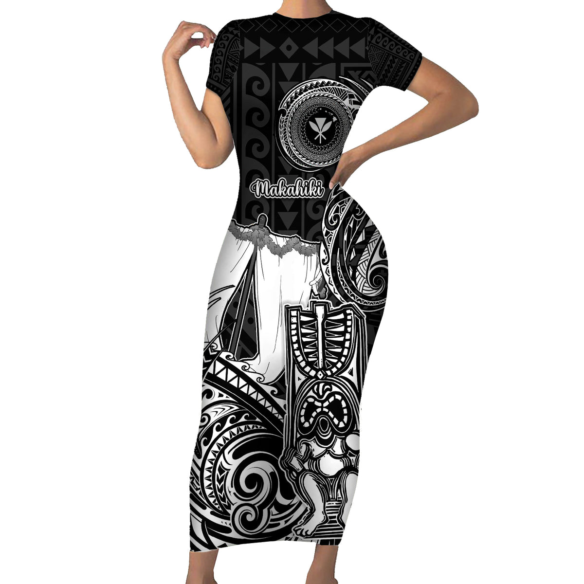 Personalized Hawaii Makahiki Season Short Sleeve Bodycon Dress Akua Loa Polynesian Pattern LT05 Long Dress Black - Polynesian Pride