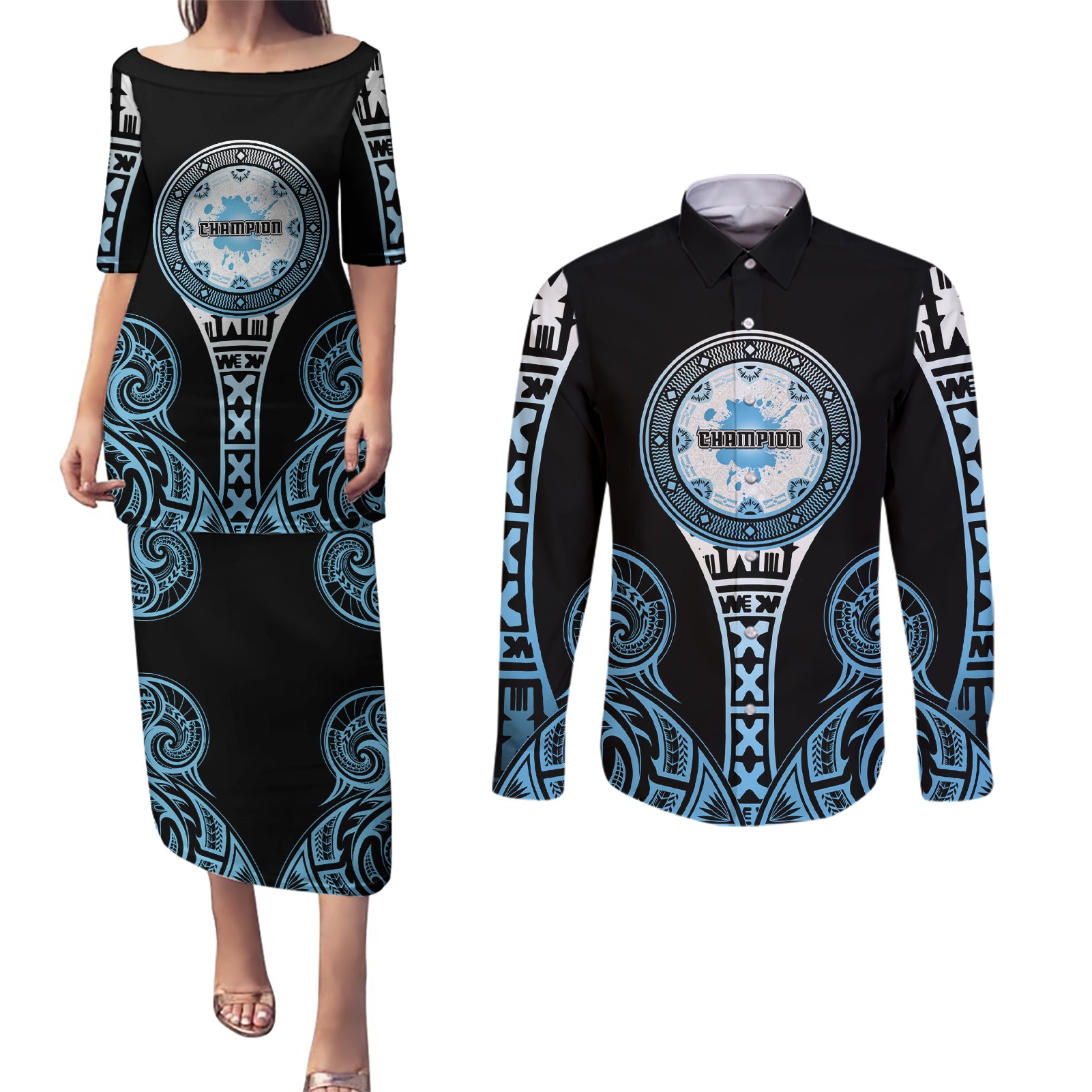 Personalized Fiji Obstacle Race 2023 Couples Matching Puletasi Dress and Long Sleeve Button Shirts Go Champion LT05 Blue - Polynesian Pride