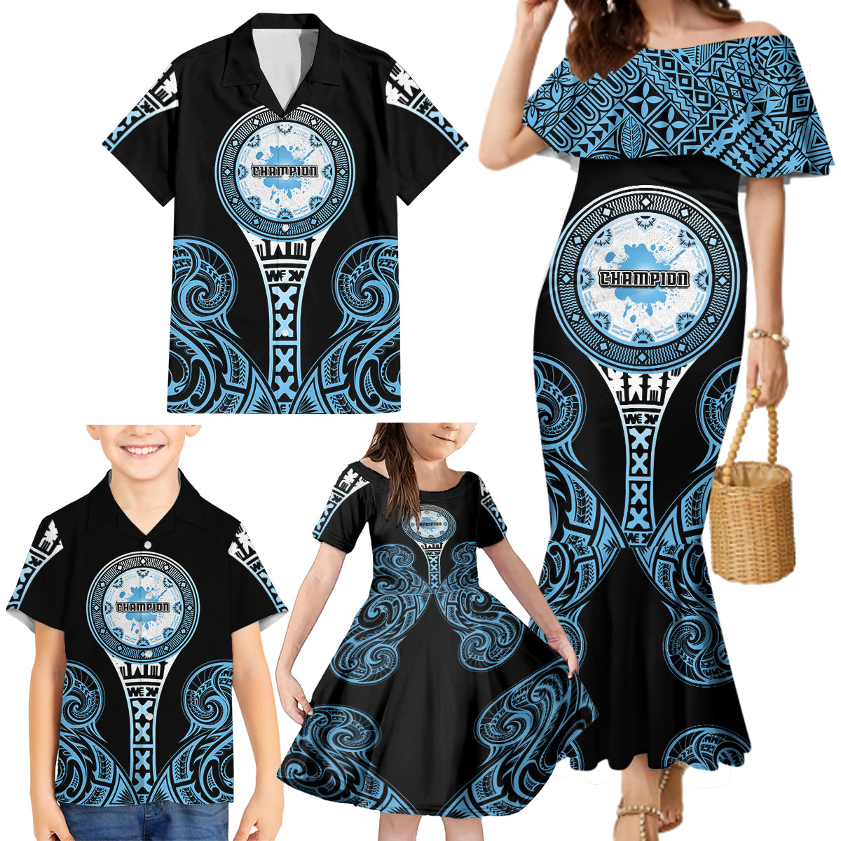 Personalized Fiji Obstacle Race 2023 Family Matching Mermaid Dress and Hawaiian Shirt Go Champion LT05 - Polynesian Pride