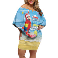 Hawaii Christmas Off Shoulder Short Dress Funny Macaw Parrot Tropical Vibe LT05 Women Blue - Polynesian Pride