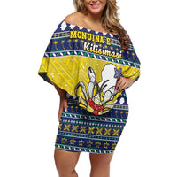 Niue The Rock Christmas Off Shoulder Short Dress Niuean Crab Monuina E Kilisimasi LT05 Women Blue - Polynesian Pride