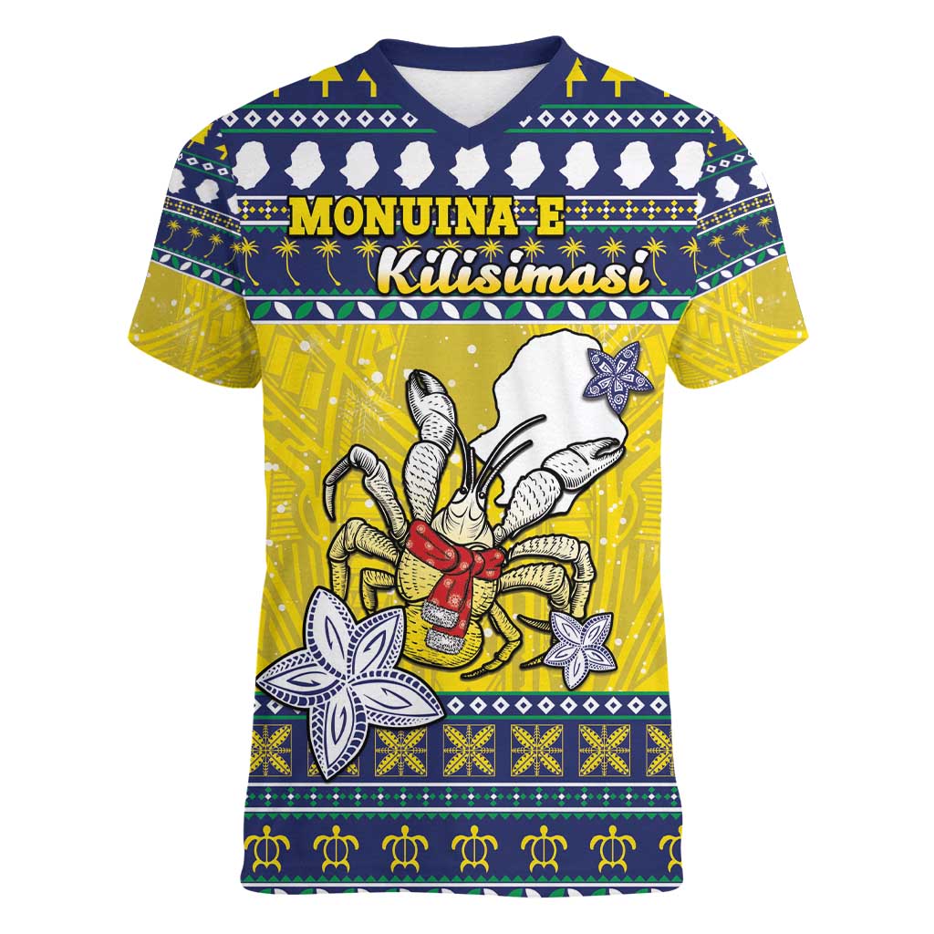 Niue The Rock Christmas Women V-Neck T-Shirt Niuean Crab Monuina E Kilisimasi LT05 Female Blue - Polynesian Pride