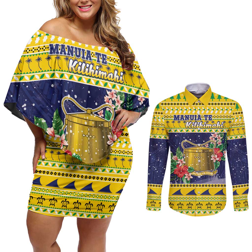 Tokelau Christmas Couples Matching Off Shoulder Short Dress and Long Sleeve Button Shirt Tokelauan Badge Manuia Te Kilihimahi