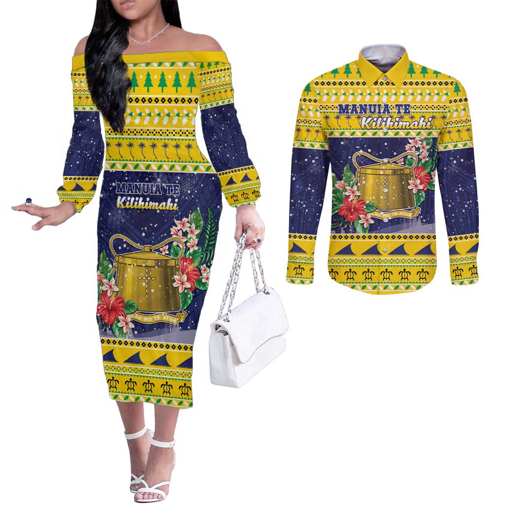 Tokelau Christmas Couples Matching Off The Shoulder Long Sleeve Dress and Long Sleeve Button Shirt Tokelauan Badge Manuia Te Kilihimahi