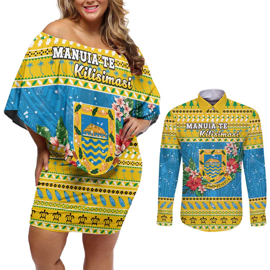 Tuvalu Christmas Couples Matching Off Shoulder Short Dress and Long Sleeve Button Shirt Coat Of Arms Manuia Te Kilisimasi