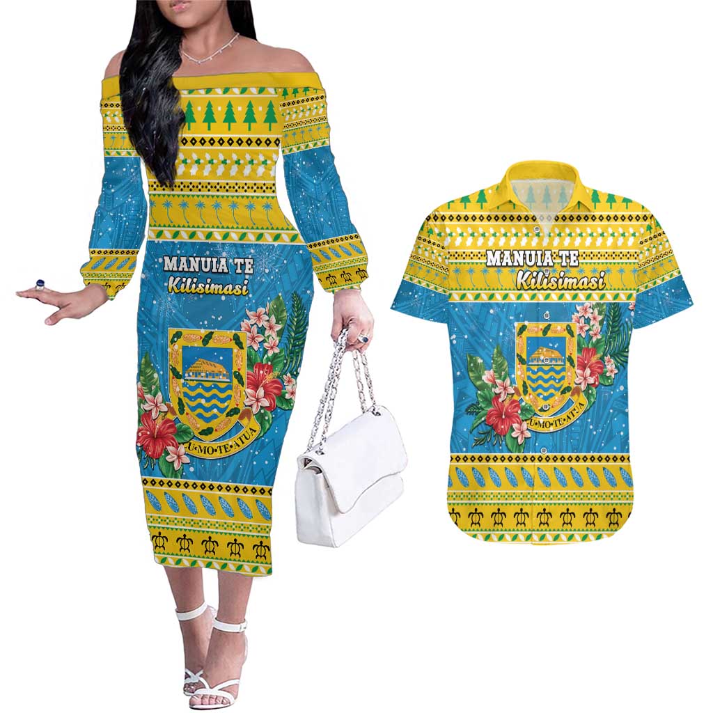 Tuvalu Christmas Couples Matching Off The Shoulder Long Sleeve Dress and Hawaiian Shirt Coat Of Arms Manuia Te Kilisimasi