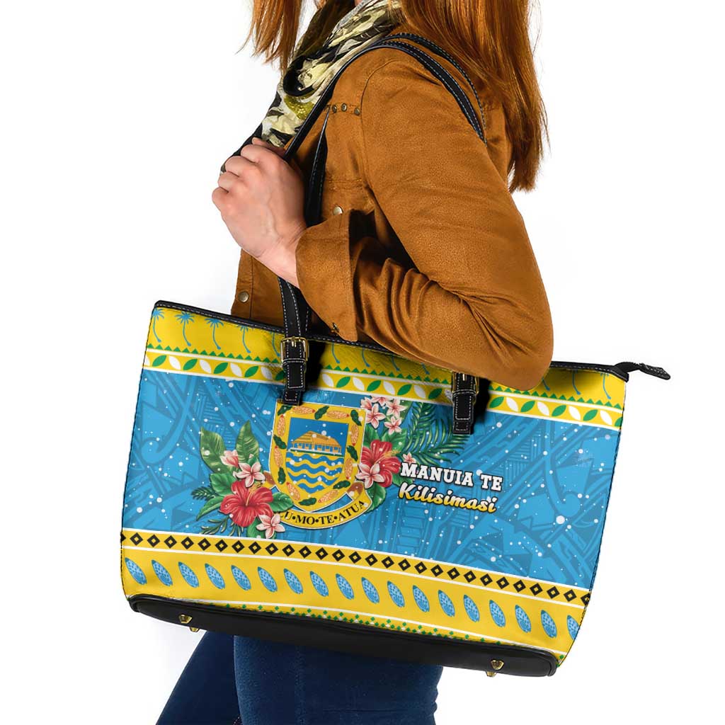 Tuvalu Christmas Leather Tote Bag Coat Of Arms Manuia Te Kilisimasi LT05 Yellow - Polynesian Pride