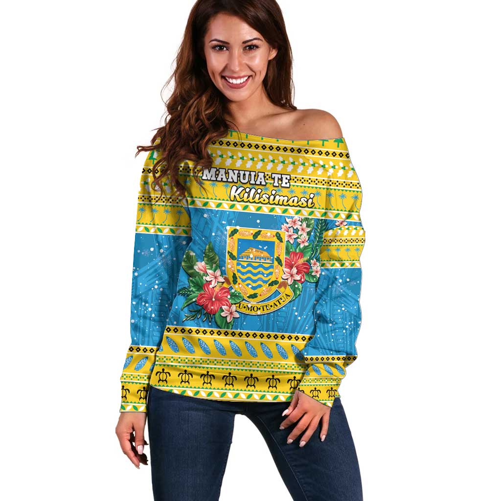 Tuvalu Christmas Off Shoulder Sweater Coat Of Arms Manuia Te Kilisimasi LT05 Women Yellow - Polynesian Pride