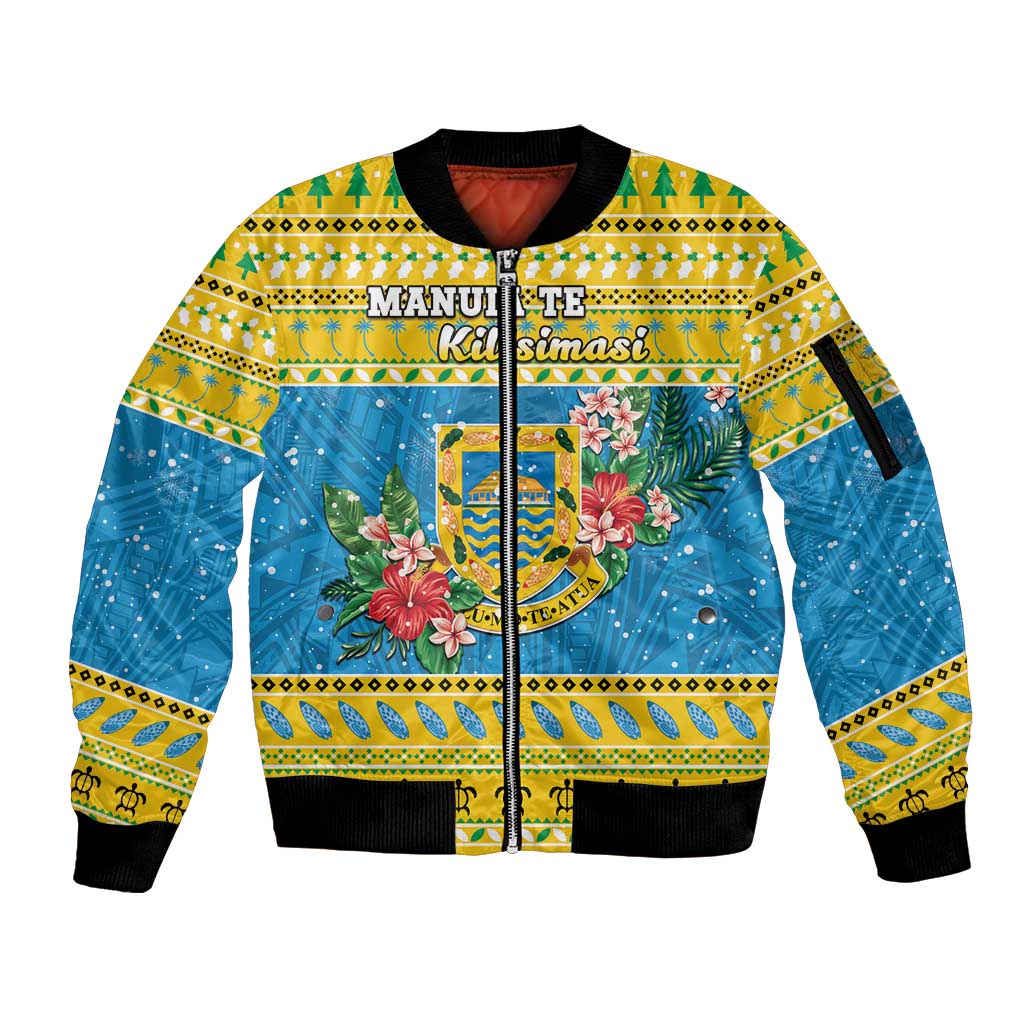 Tuvalu Christmas Sleeve Zip Bomber Jacket Coat Of Arms Manuia Te Kilisimasi