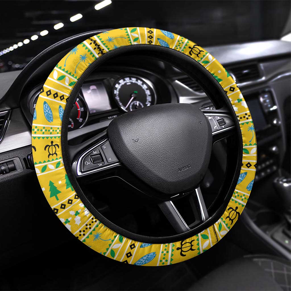 Tuvalu Christmas Steering Wheel Cover Coat Of Arms Manuia Te Kilisimasi LT05 Universal Fit Yellow - Polynesian Pride