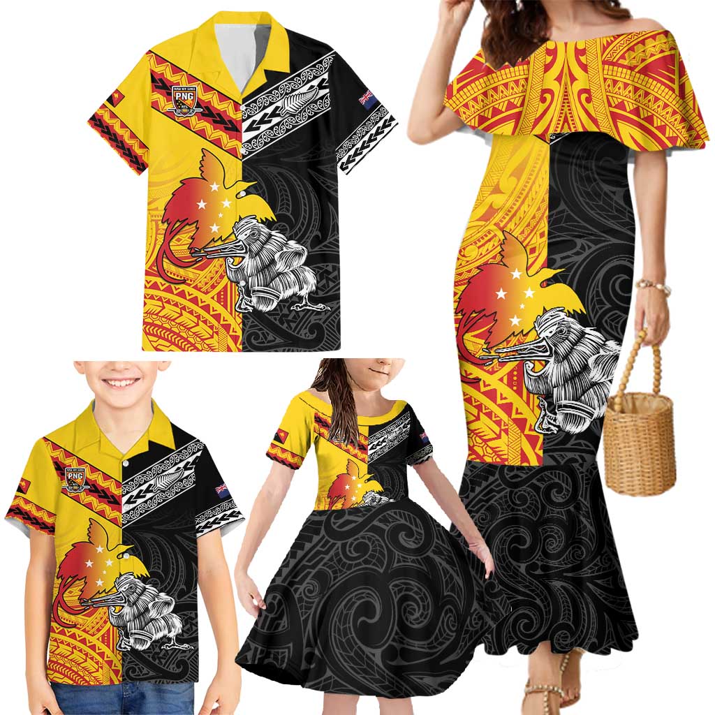 New Zealand And Papua New Guinea Rugby Custom Family Matching Mermaid Dress and Hawaiian Shirt Maori Kiwi With Bird of Paradise