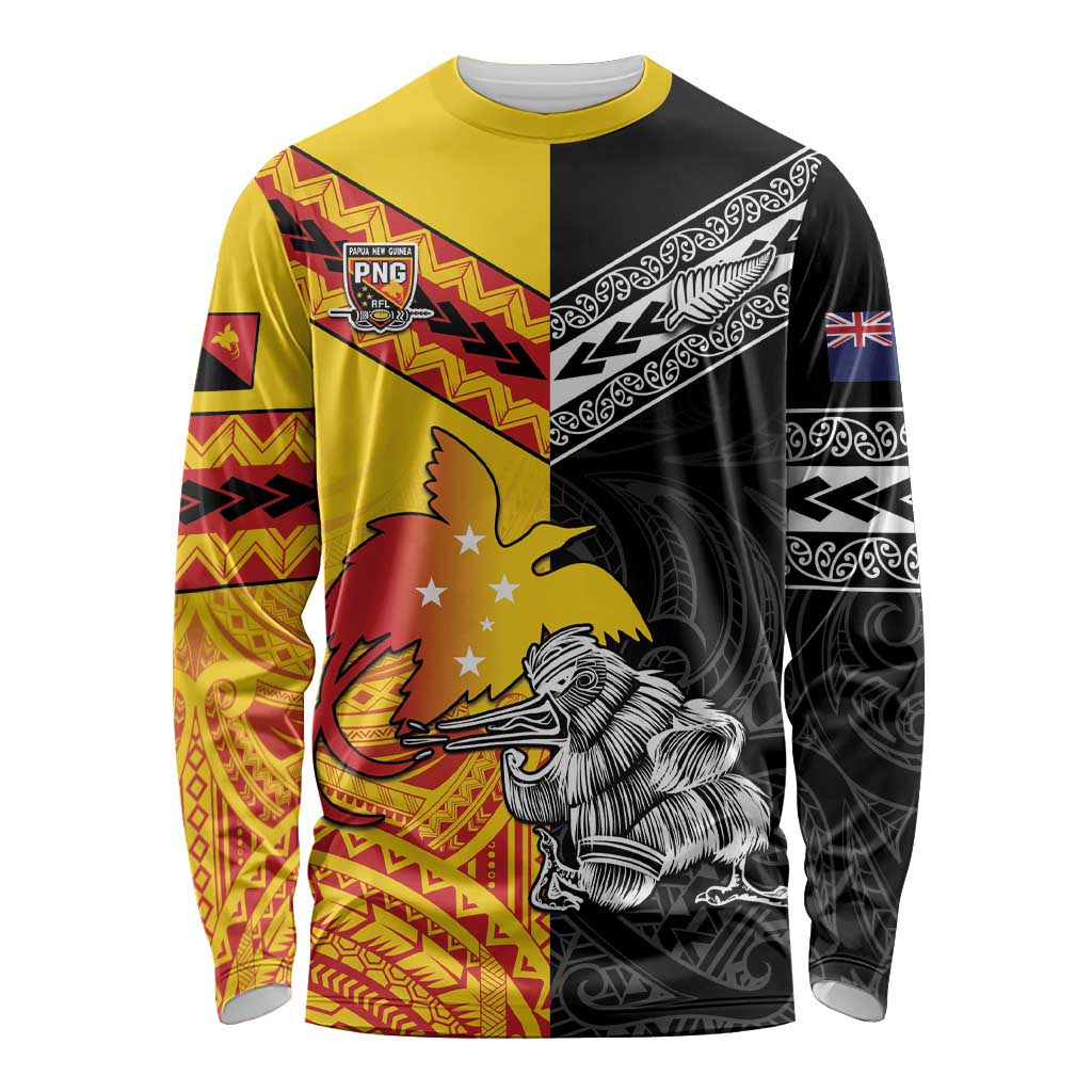 New Zealand And Papua New Guinea Rugby Custom Long Sleeve Shirt Maori Kiwi With Bird of Paradise