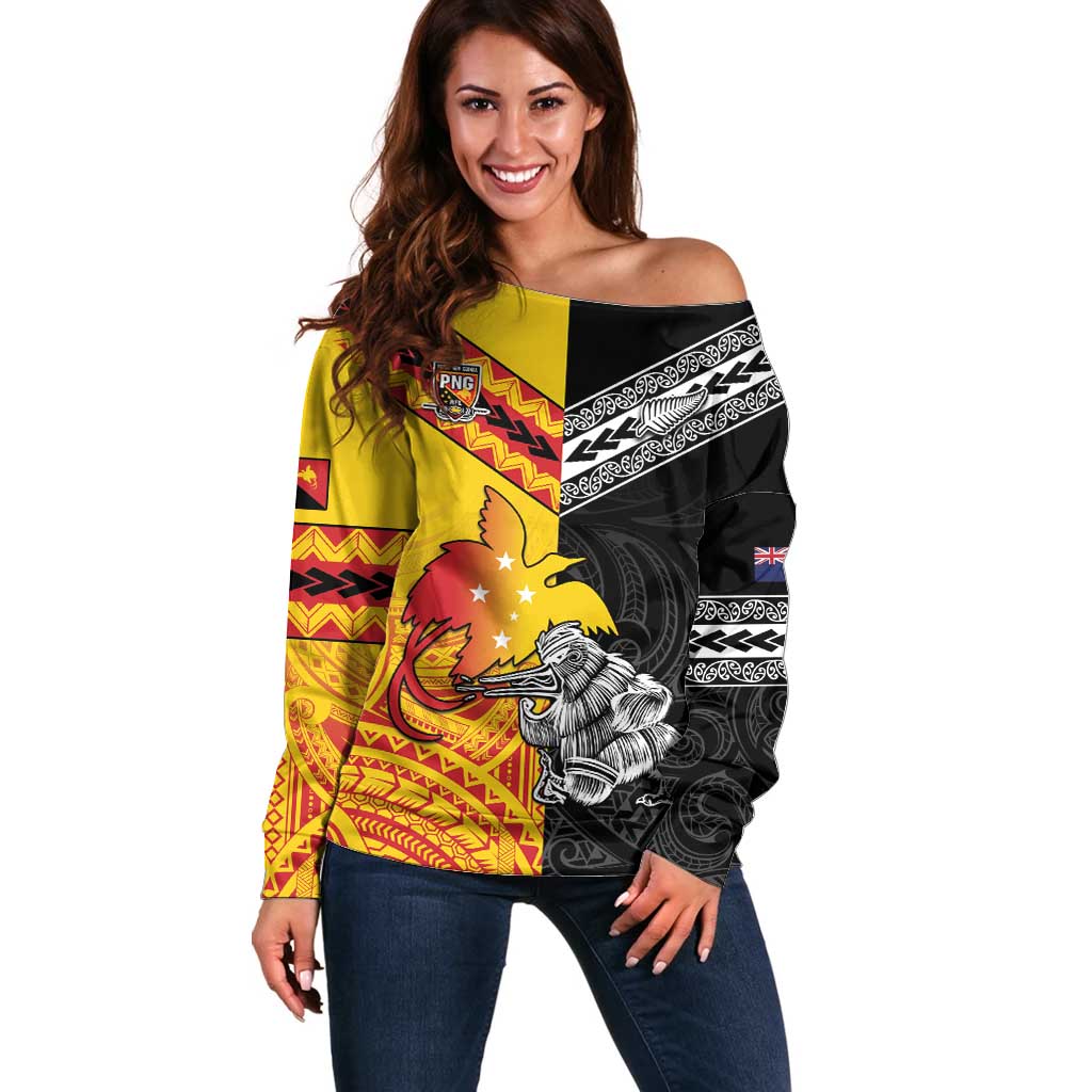 New Zealand And Papua New Guinea Rugby Custom Off Shoulder Sweater Maori Kiwi With Bird of Paradise LT05 Women Black - Polynesian Pride