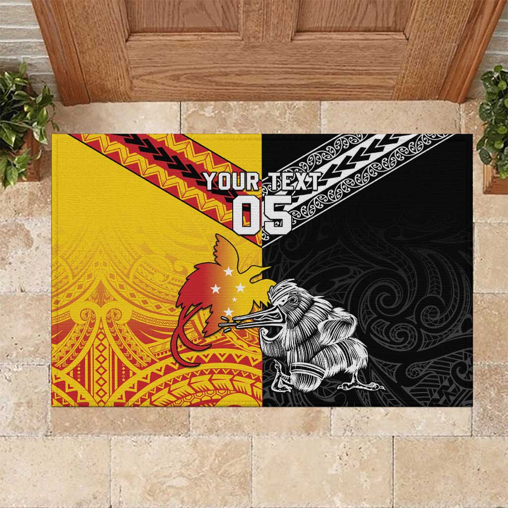 New Zealand And Papua New Guinea Rugby Custom Rubber Doormat Maori Kiwi With Bird of Paradise LT05 Black - Polynesian Pride