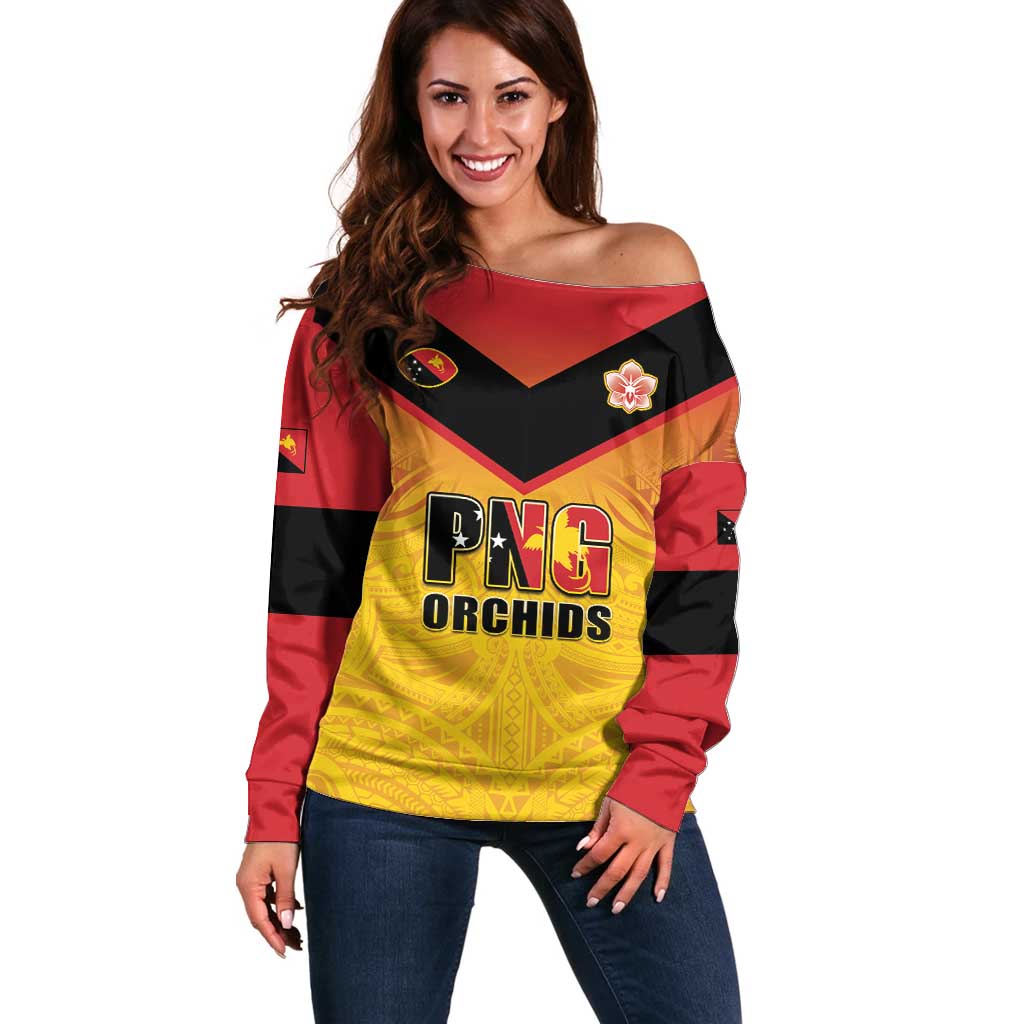 Papua New Guinea Rugby Custom Off Shoulder Sweater Go Orchids Pacific Champions LT05 Women Yellow - Polynesian Pride
