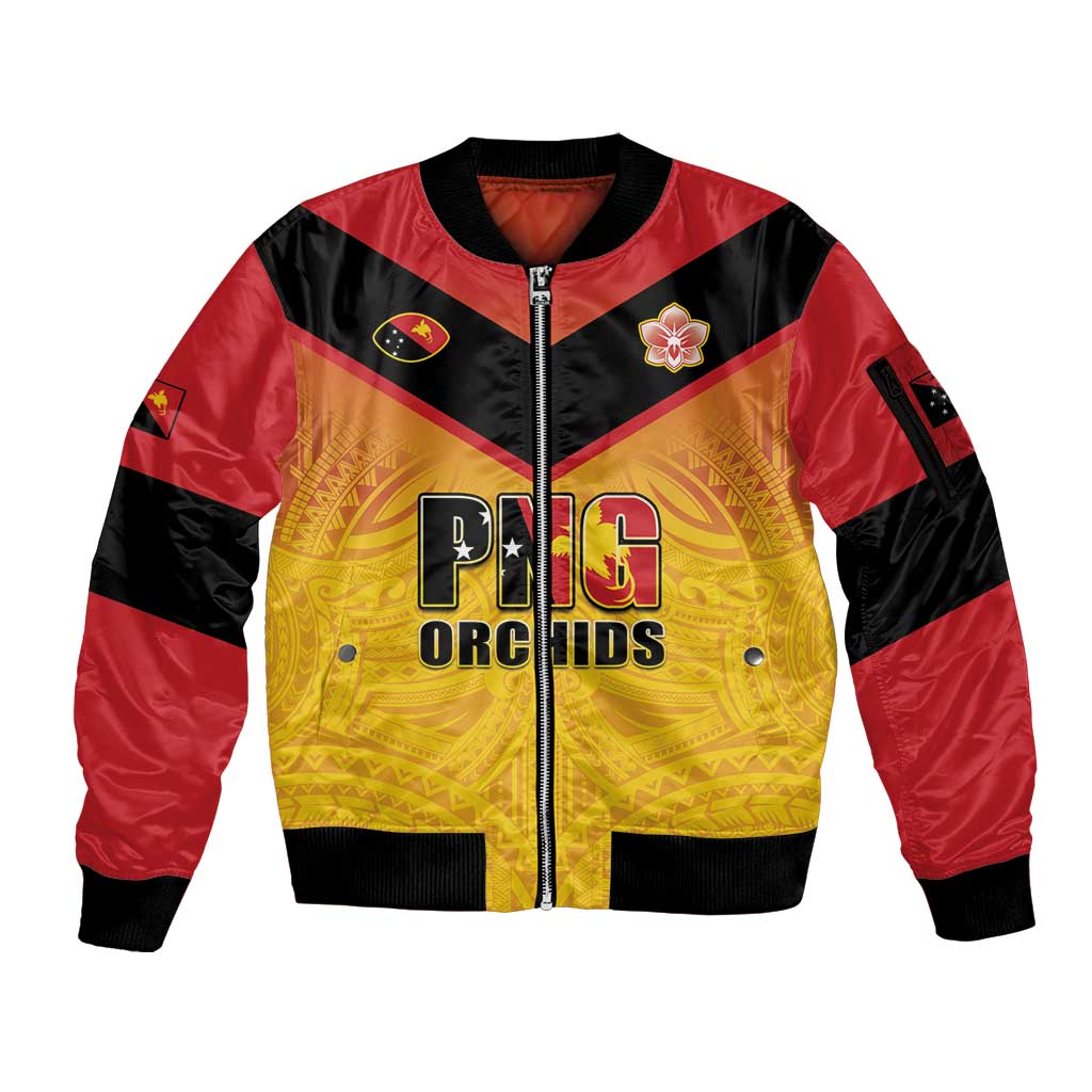 Papua New Guinea Rugby Custom Sleeve Zip Bomber Jacket Go Orchids Pacific Champions LT05 Unisex Yellow - Polynesian Pride