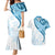 Blue Polynesian Tribal Turtle Floral Pattern Couples Matching Mermaid Dress and Hawaiian Shirt