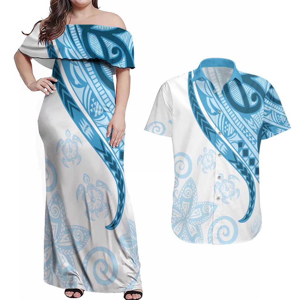 Blue Polynesian Tribal Turtle Floral Pattern Couples Matching Off Shoulder Maxi Dress and Hawaiian Shirt