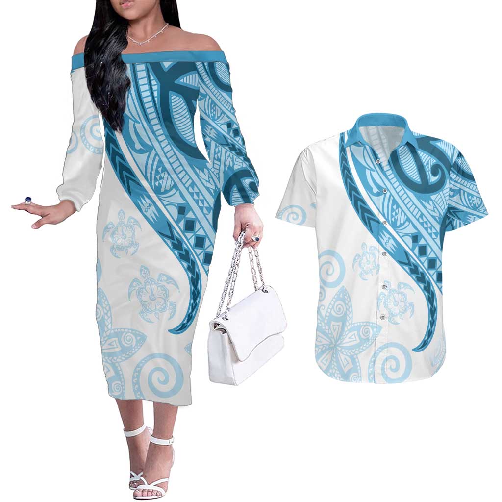 Blue Polynesian Tribal Turtle Floral Pattern Couples Matching Off The Shoulder Long Sleeve Dress and Hawaiian Shirt