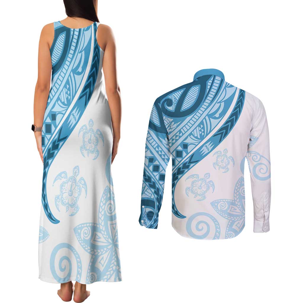 Blue Polynesian Tribal Turtle Floral Pattern Couples Matching Tank Maxi Dress and Long Sleeve Button Shirt LT05 - Polynesian Pride