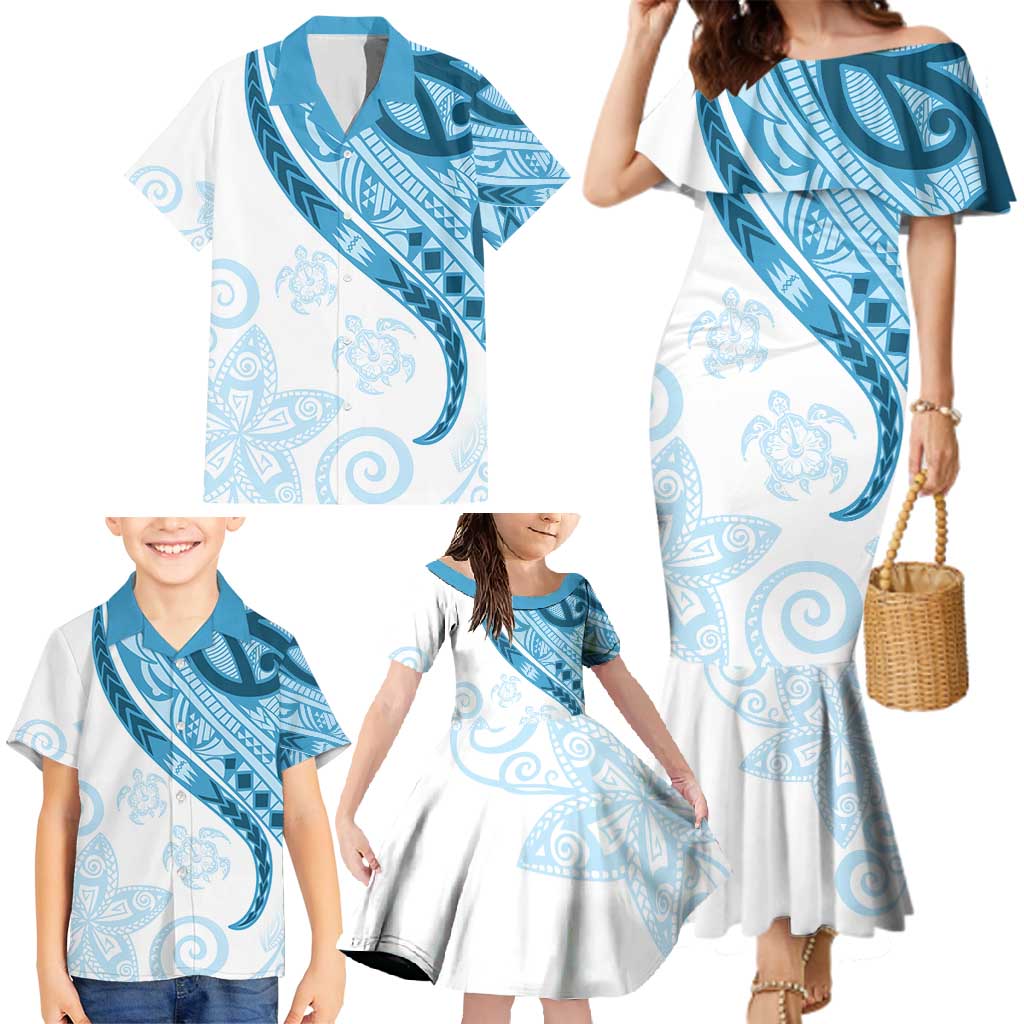 Blue Polynesian Tribal Turtle Floral Pattern Family Matching Mermaid Dress and Hawaiian Shirt