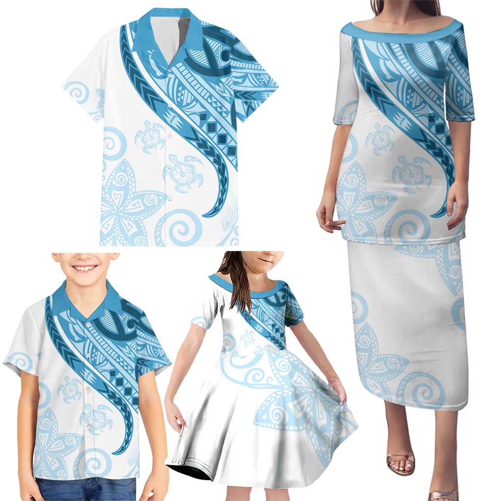 Blue Polynesian Tribal Turtle Floral Pattern Family Matching Puletasi and Hawaiian Shirt