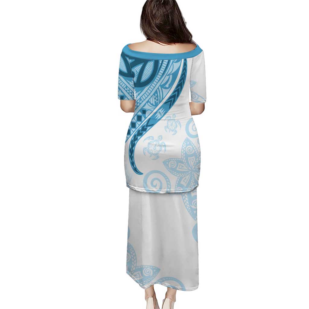 Blue Polynesian Tribal Turtle Floral Pattern Puletasi LT05 - Polynesian Pride