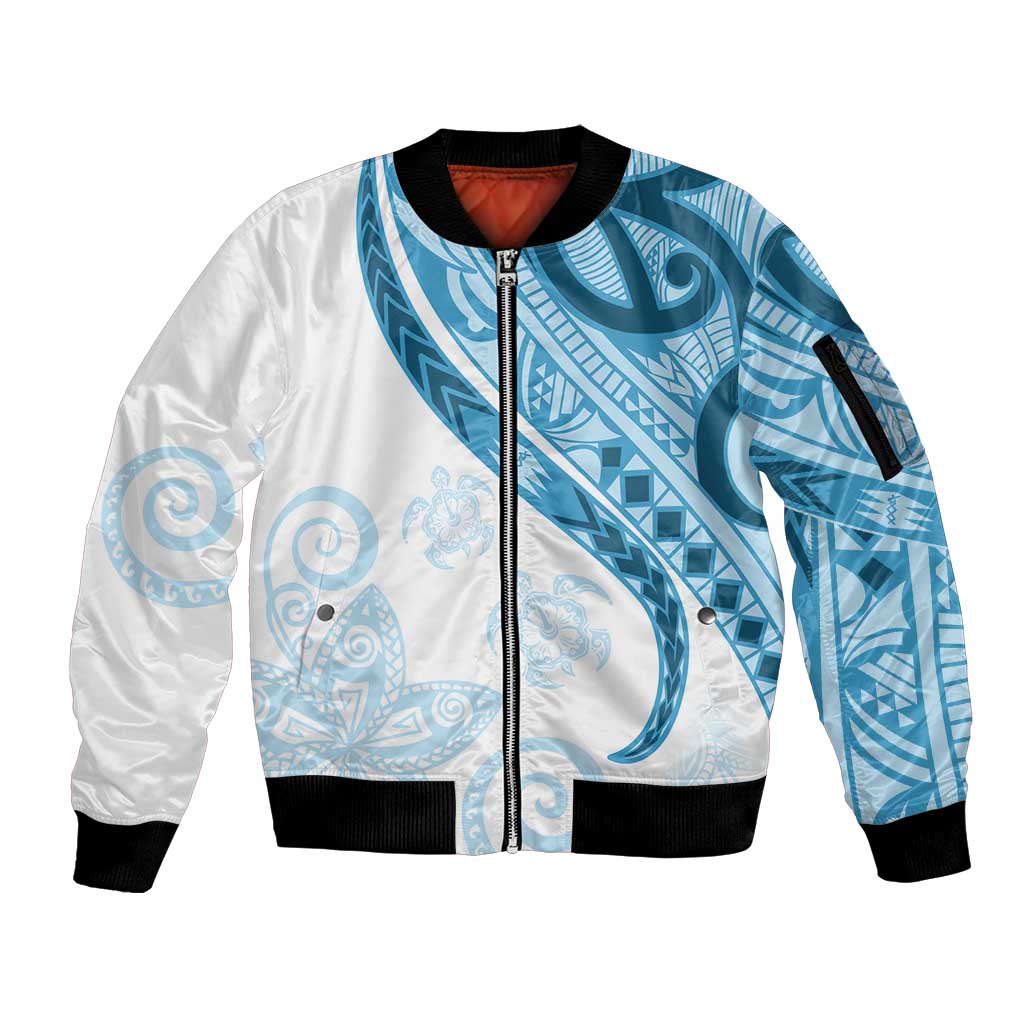 Blue Polynesian Tribal Turtle Floral Pattern Sleeve Zip Bomber Jacket LT05 Unisex Blue - Polynesian Pride