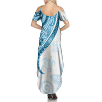 Blue Polynesian Tribal Turtle Floral Pattern Summer Maxi Dress LT05 - Polynesian Pride