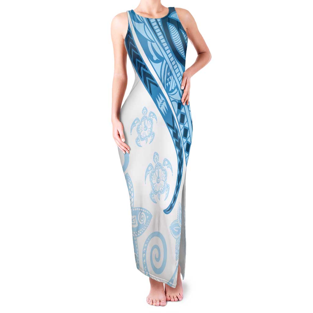 Blue Polynesian Tribal Turtle Floral Pattern Tank Maxi Dress