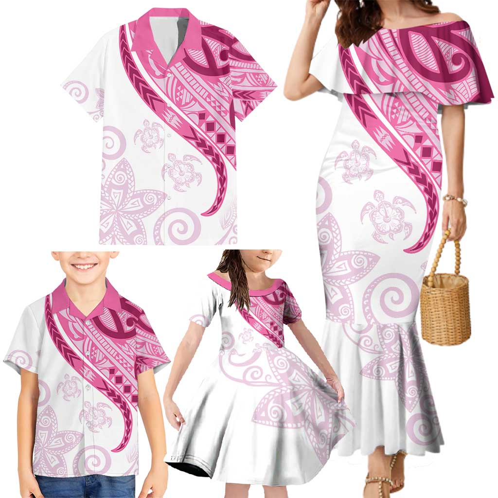 Rose Pink Polynesian Tribal Turtle Floral Pattern Family Matching Mermaid Dress and Hawaiian Shirt