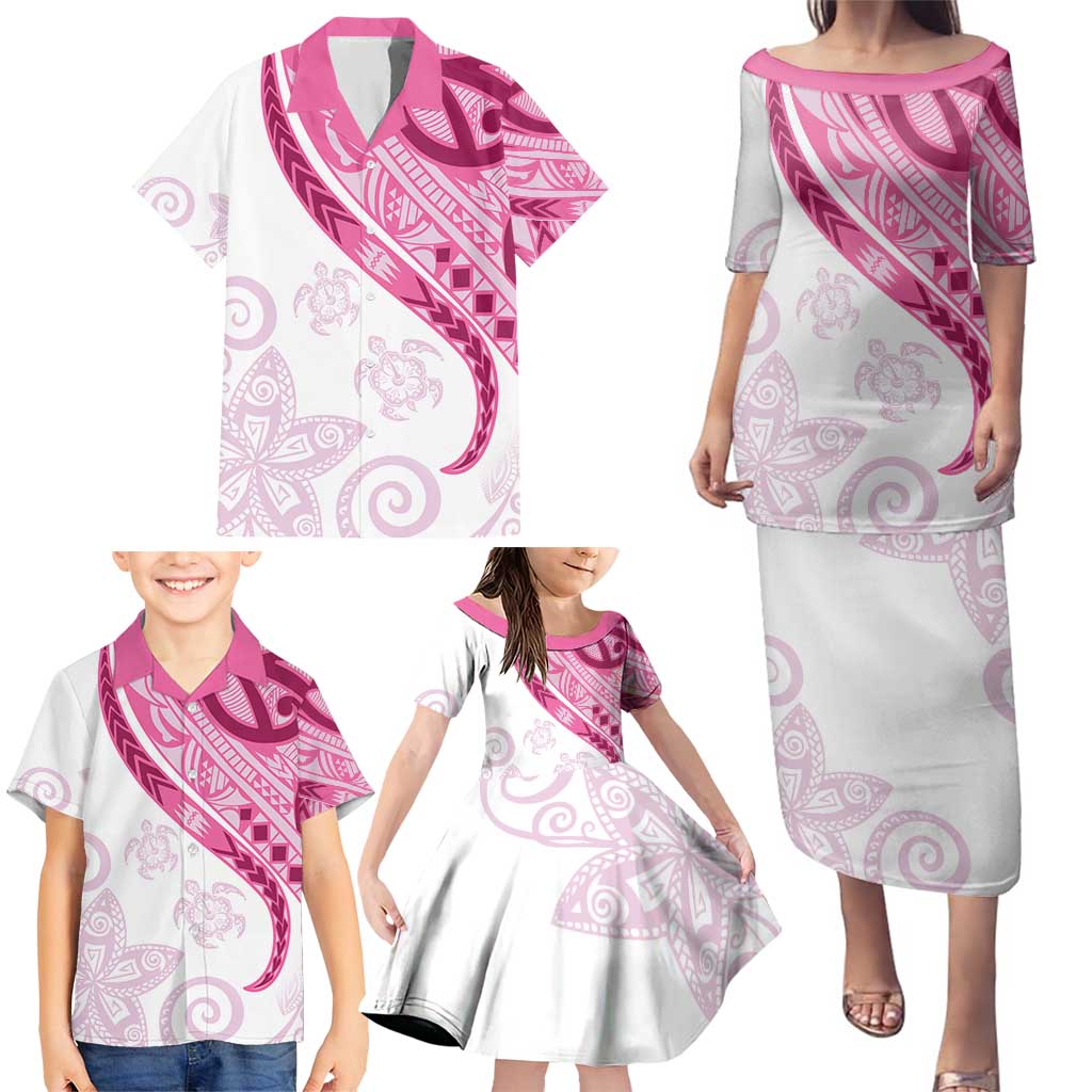 Rose Pink Polynesian Tribal Turtle Floral Pattern Family Matching Puletasi and Hawaiian Shirt