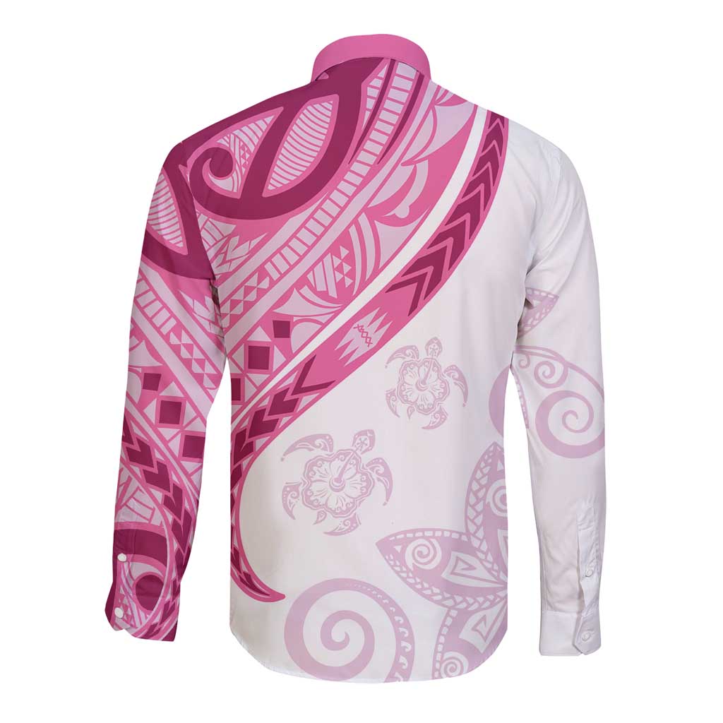 Rose Pink Polynesian Tribal Turtle Floral Pattern Long Sleeve Button Shirt LT05 - Polynesian Pride