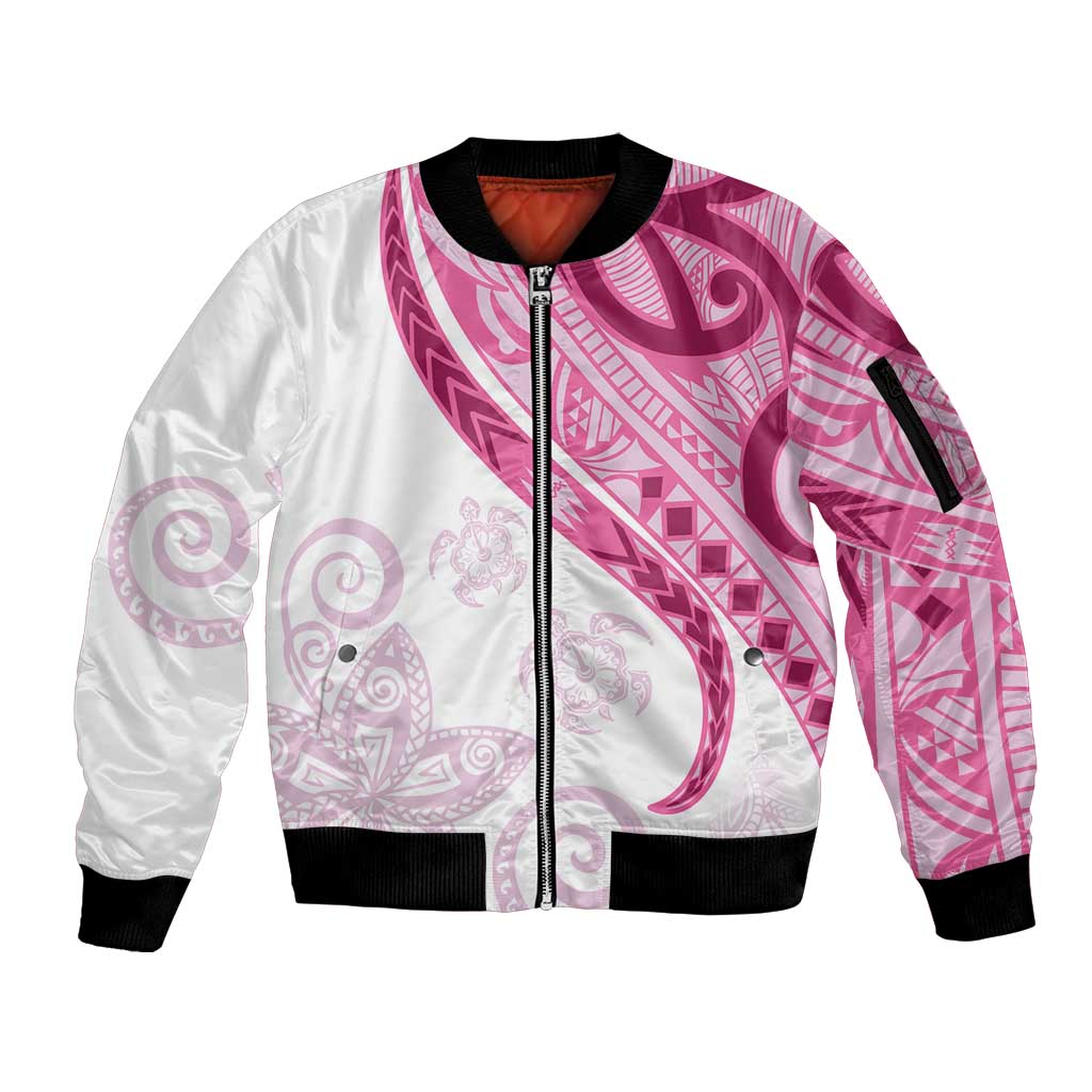 Rose Pink Polynesian Tribal Turtle Floral Pattern Sleeve Zip Bomber Jacket LT05 Unisex Pink - Polynesian Pride