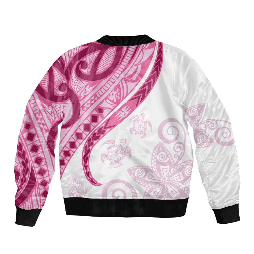 Rose Pink Polynesian Tribal Turtle Floral Pattern Sleeve Zip Bomber Jacket LT05 - Polynesian Pride