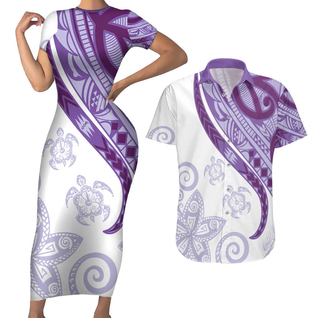 Purple Polynesian Tribal Turtle Floral Pattern Couples Matching Short Sleeve Bodycon Dress and Hawaiian Shirt