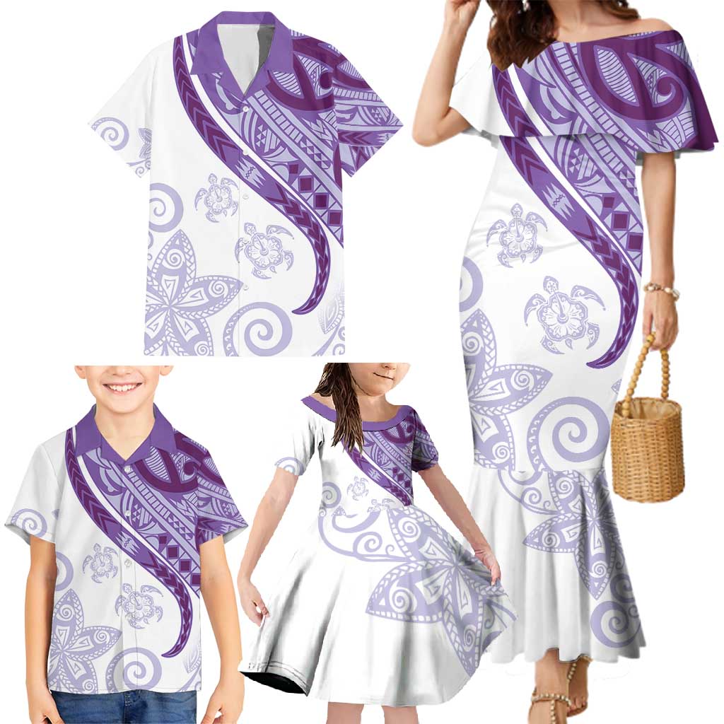 Purple Polynesian Tribal Turtle Floral Pattern Family Matching Mermaid Dress and Hawaiian Shirt