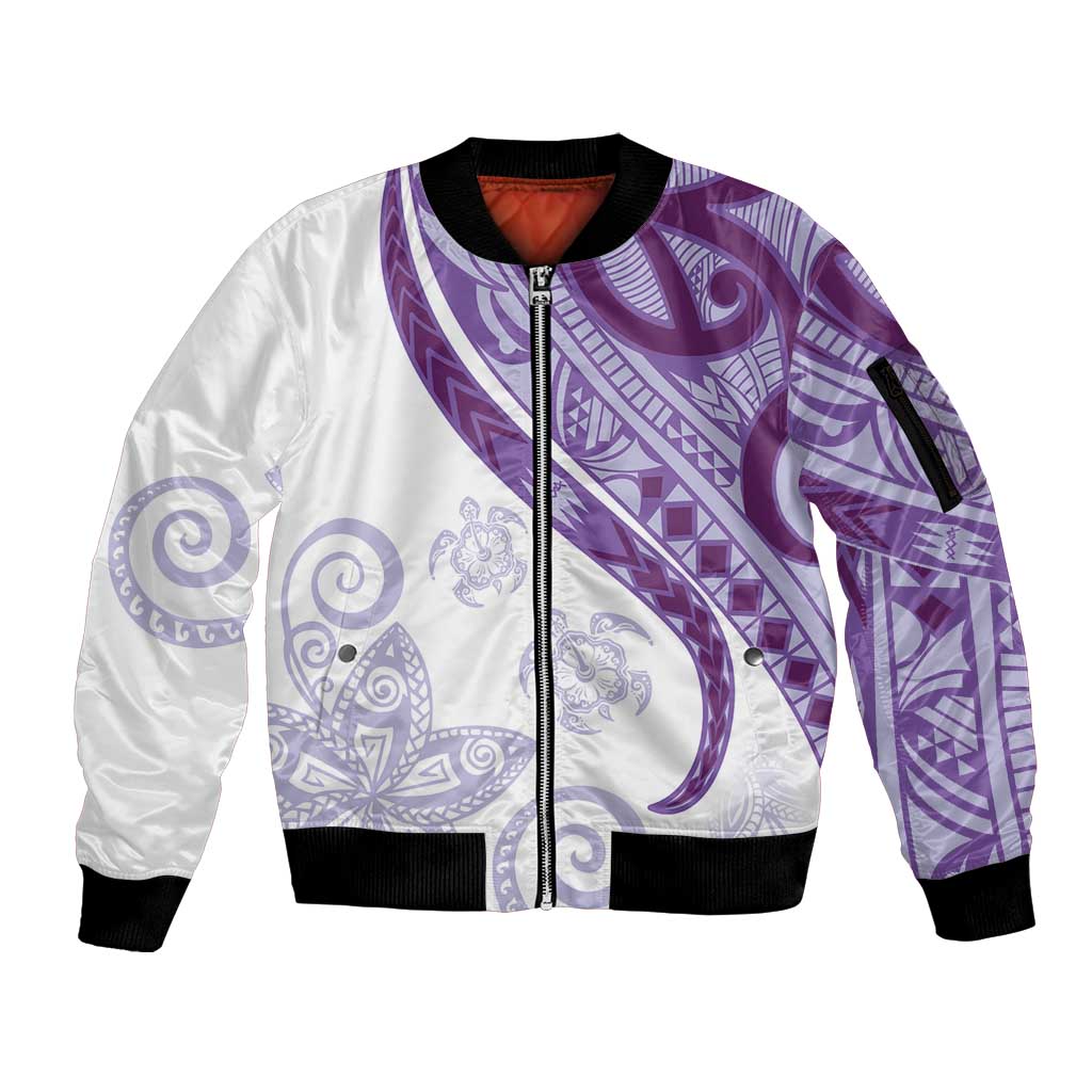Purple Polynesian Tribal Turtle Floral Pattern Sleeve Zip Bomber Jacket LT05 Unisex Purple - Polynesian Pride
