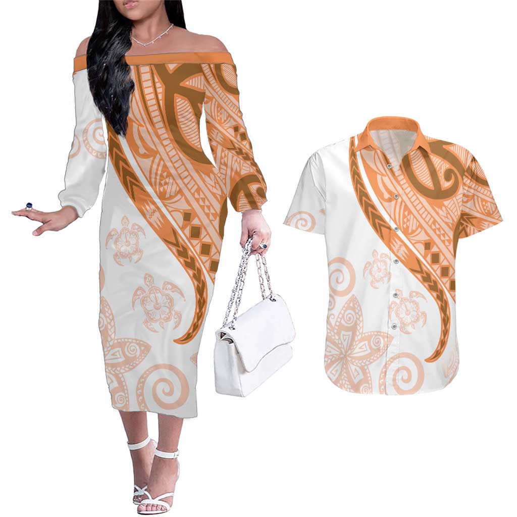 Orange Polynesian Tribal Turtle Floral Pattern Couples Matching Off The Shoulder Long Sleeve Dress and Hawaiian Shirt