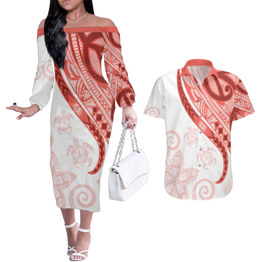 Coral Red Polynesian Tribal Turtle Floral Pattern Couples Matching Off The Shoulder Long Sleeve Dress and Hawaiian Shirt