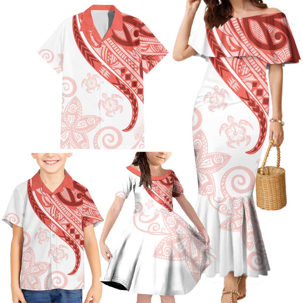 Coral Red Polynesian Tribal Turtle Floral Pattern Family Matching Mermaid Dress and Hawaiian Shirt