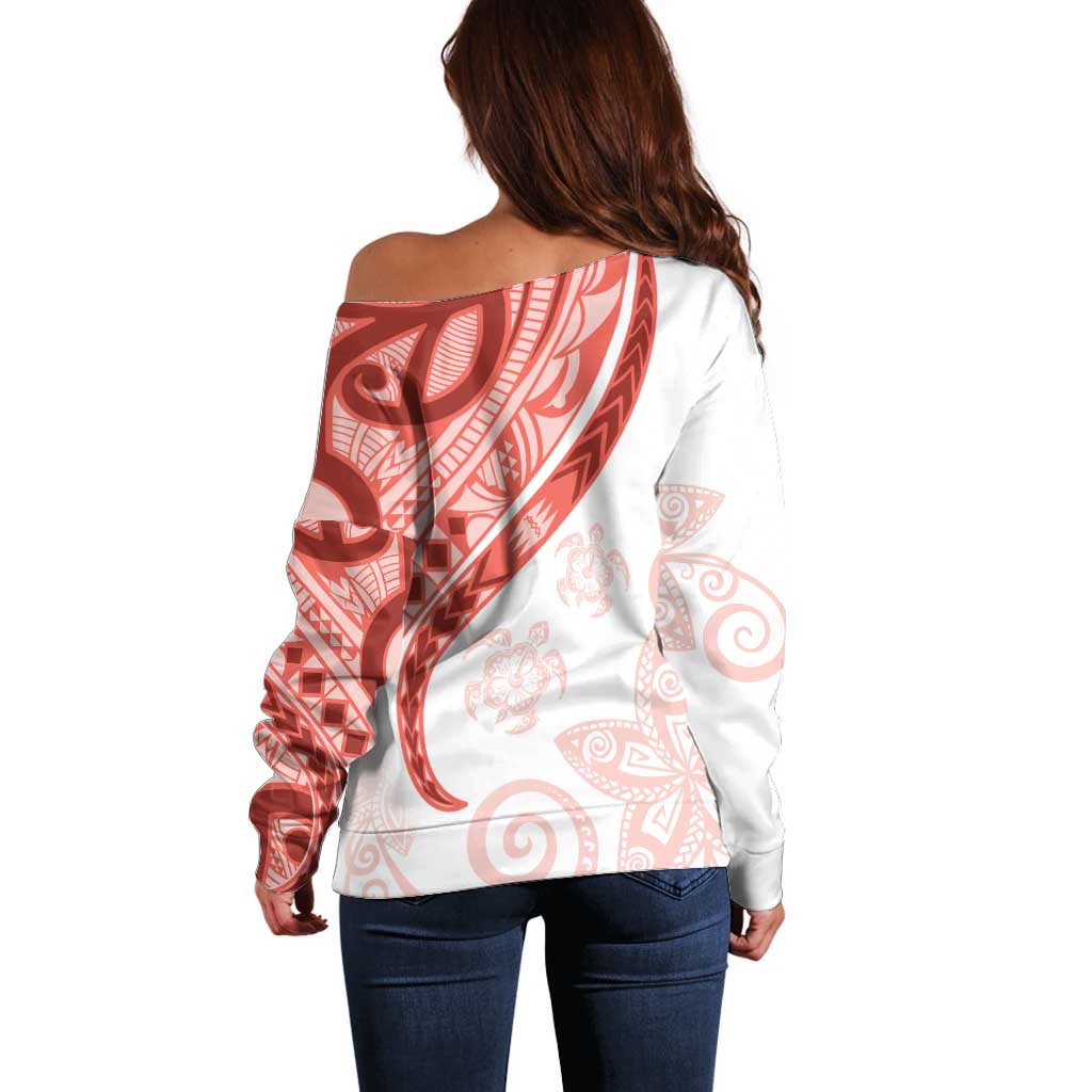 Coral Red Polynesian Tribal Turtle Floral Pattern Off Shoulder Sweater LT05 - Polynesian Pride