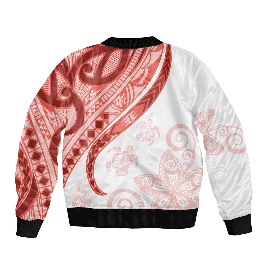 Coral Red Polynesian Tribal Turtle Floral Pattern Sleeve Zip Bomber Jacket LT05 - Polynesian Pride
