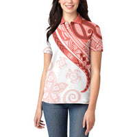 Coral Red Polynesian Tribal Turtle Floral Pattern Women Polo Shirt LT05 - Polynesian Pride