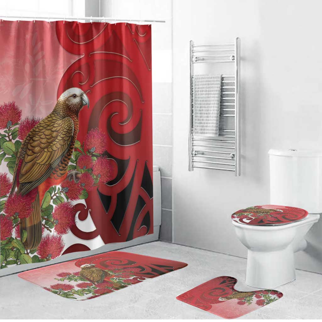 New Zealand Parrot Kaka Bathroom Set Maori Koru With Pohutukawa Flowers LT05 Bathroom Set (4 pcs) Red - Polynesian Pride